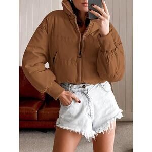 NEW Merokeety Winter Cropped Puffer Long Sleeve Jacket Brown Womens Size XS